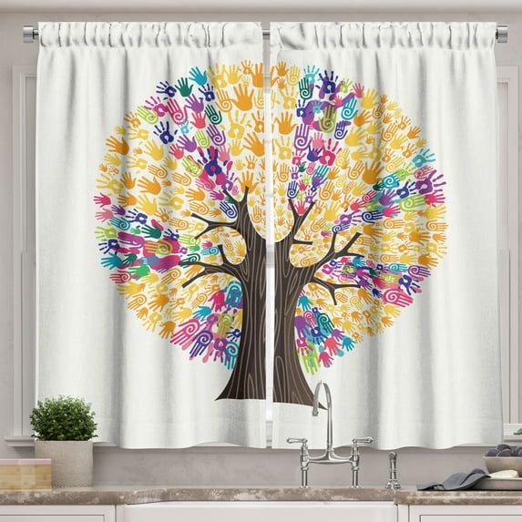 Ambesonne Tree Kitchen Curtains, Hand Prints Solidarity, 55"x39", Multicolor