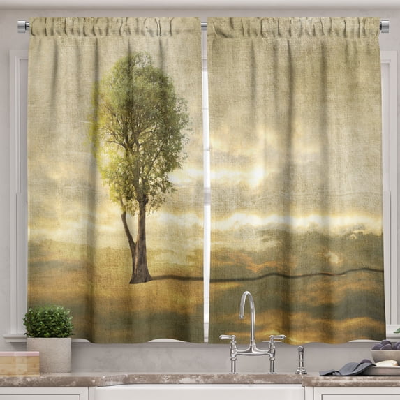 Ambesonne Tree Kitchen Curtains, Lonely Tree in Beige Tones, 55"x39", Beige Green Pale Yellow