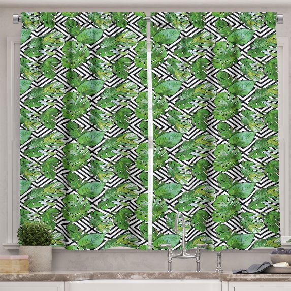 Ambesonne Tree Kitchen Curtains, Macro Palm Tree Leaves, 55"x39", Hunter Green Black White