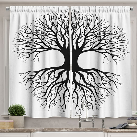 Ambesonne Tree Kitchen Curtains, Roots Branch Leafless, 55"x30", Black White