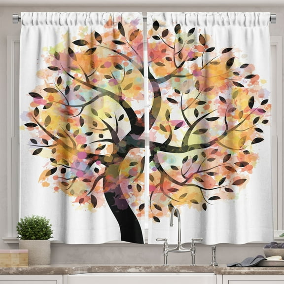 Ambesonne Tree Kitchen Curtains, Spring Season Tree Leaves, 55"x39", Multicolor