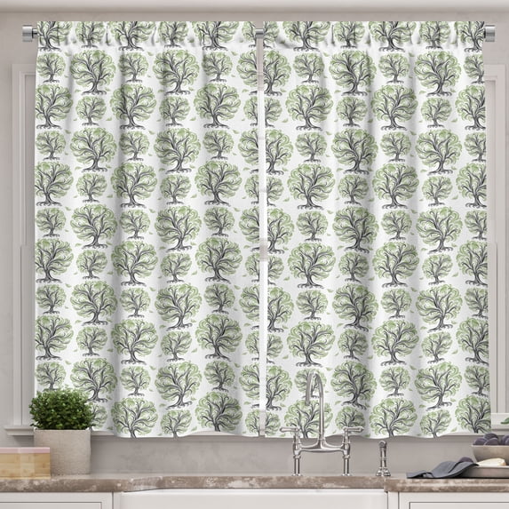 Ambesonne Tree Kitchen Curtains, Swirled Lines Botanical, 55"x39", Black Green White