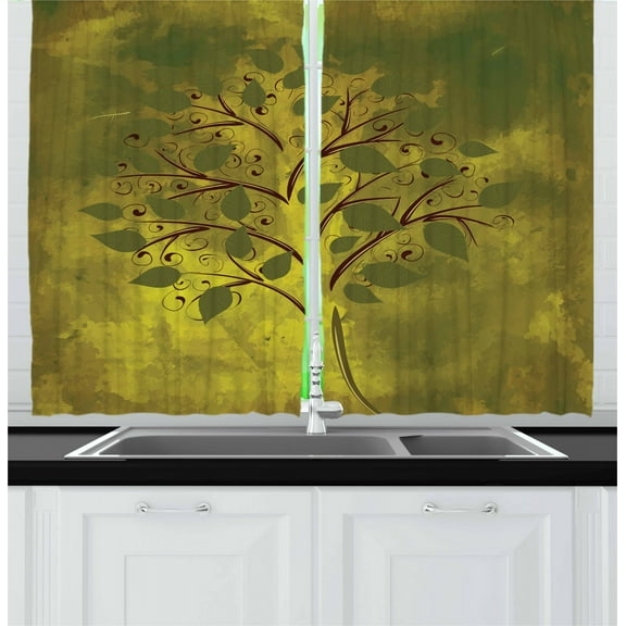 Ambesonne Tree Kitchen Curtains, Tiny Tree with Lobed Leaf, 55"x45", Brown Olive Green