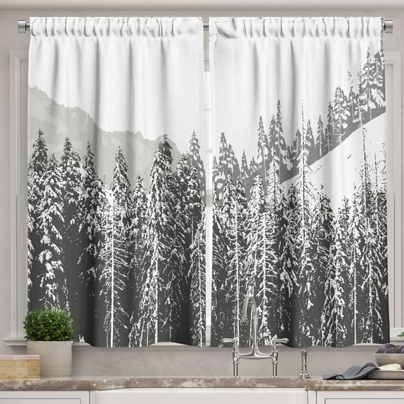 Ambesonne Tree Kitchen Curtains, Winter Spruce Forest Print, 55"x45", Pale Grey and White