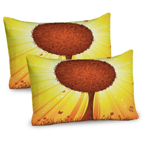 Ambesonne Tree Pillow Sham 2 Pack, Fantasy Stripes Butterflies, 36"x20", Brown Yellow and Orange