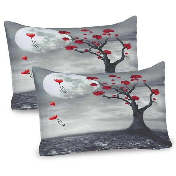 Ambesonne Tree Pillow Sham 2 Pack, Romantic Full Moon Night, 26"x20", Grey Vermilion and White