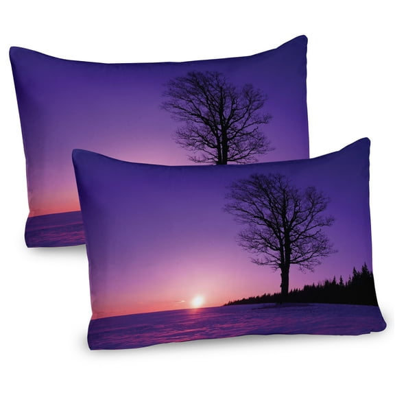 Ambesonne Tree Pillow Sham 2 Pack, Sunset Nature Landscape, 36"x20", Purple Black