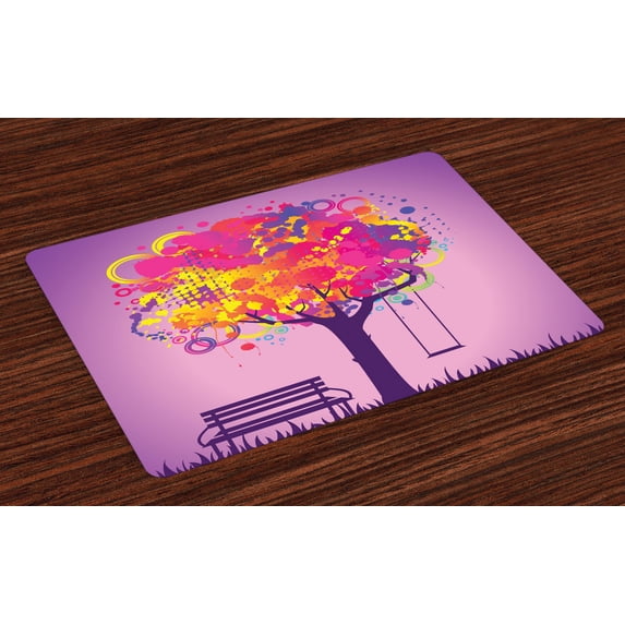 Ambesonne Tree Place Mats Set of 4, Colorful Leaves Swing Art, Standard Size, Multicolor