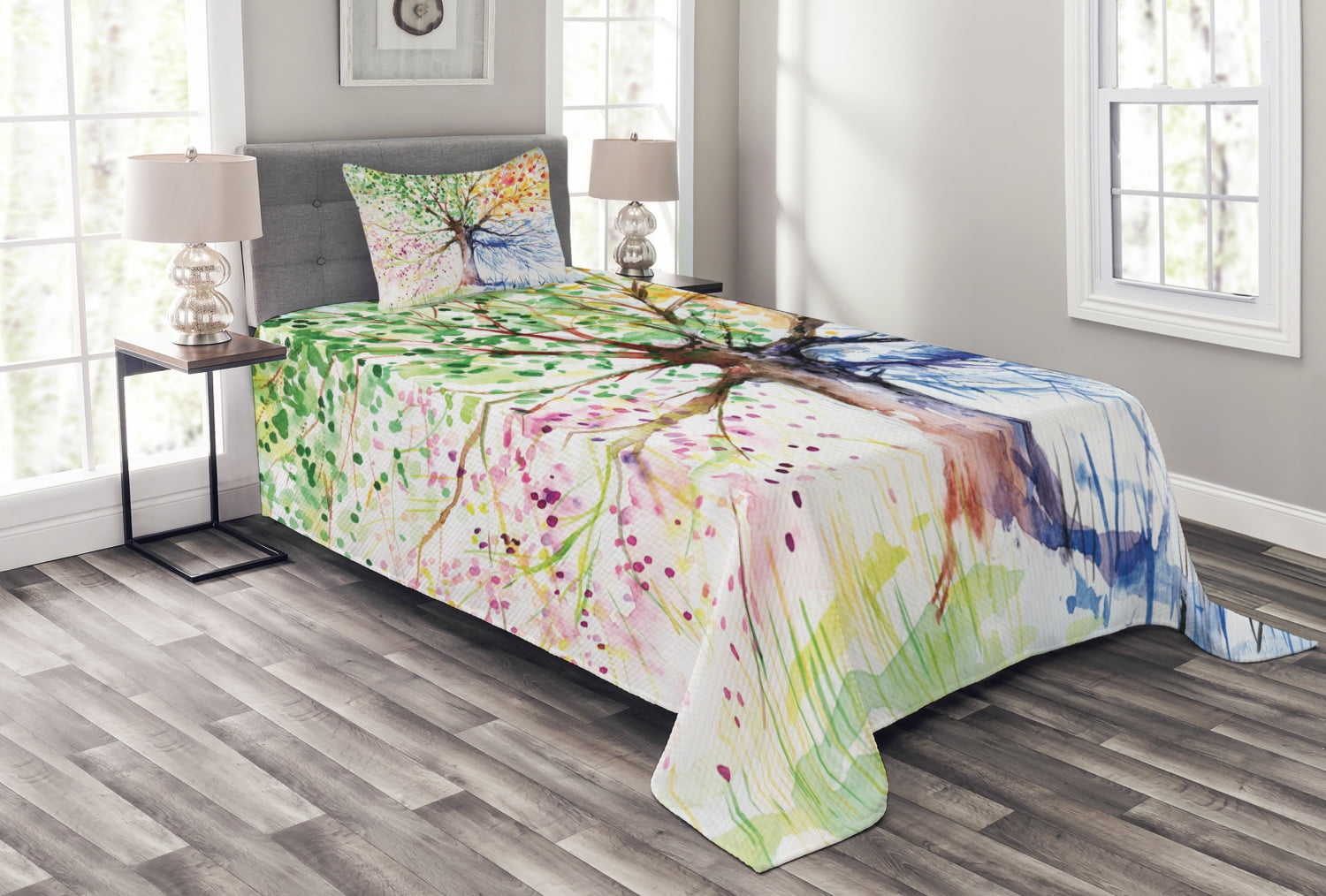White Quilted Twin Bedspread Set with Pillow Sham