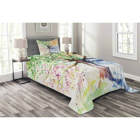 Ambesonne Tree Quilted Bedspread Set 2 Pcs, 4 Seasons Colorful, Twin Size, Multicolor
