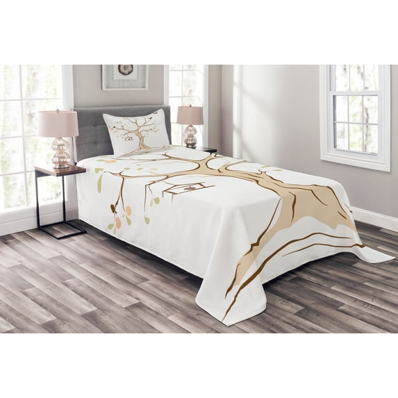 Ambesonne Tree Quilted Bedspread Set 2 Pcs, Apple Flying Birds Art, Twin Size, Multicolor