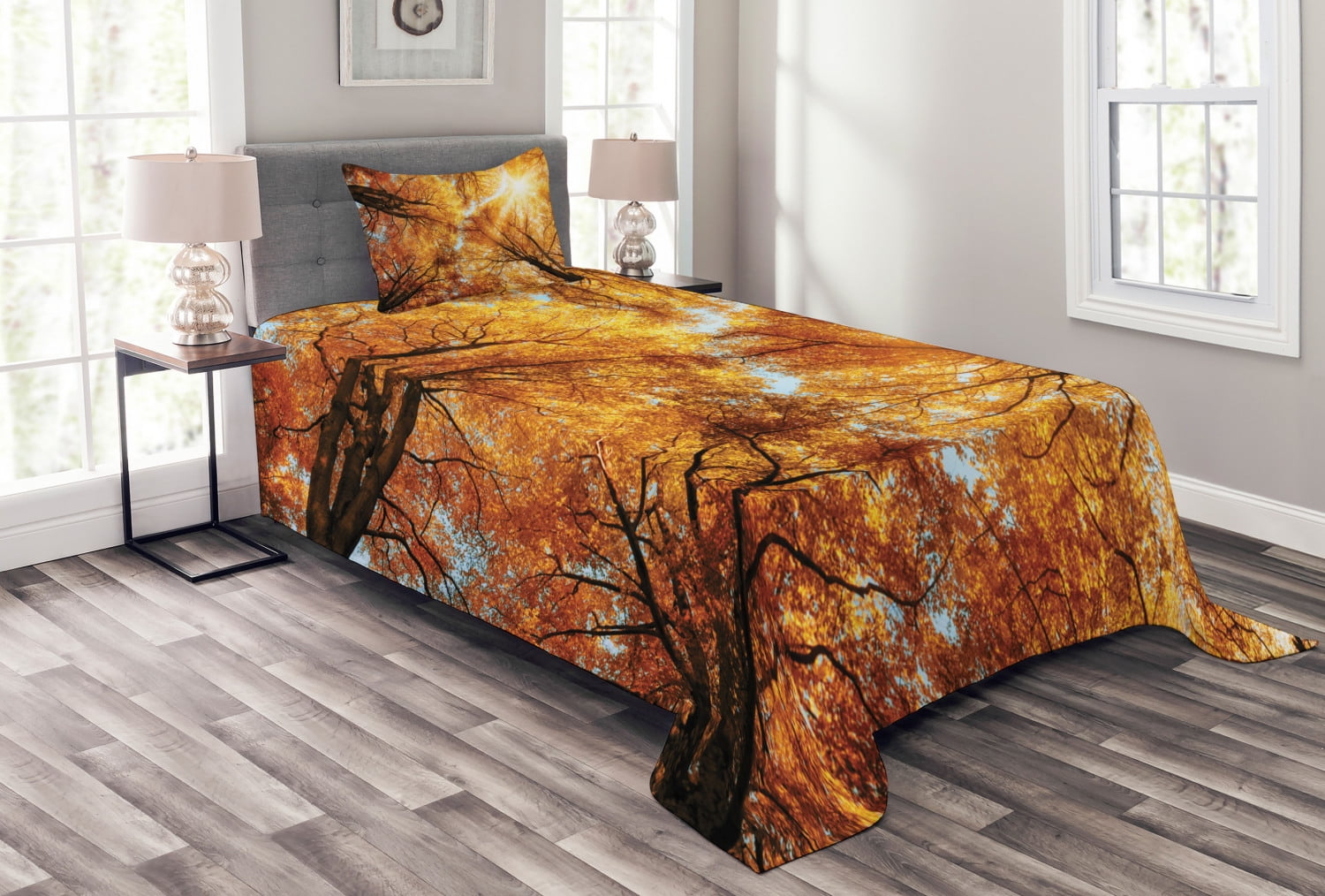 Autumn Sunbeams Forest Twin Bedspread Set in Brown Polyester