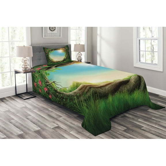 Ambesonne Tree Quilted Bedspread Set 2 Pcs, Enchanted Forest in Spring, Twin Size, Green Pink Cocoa