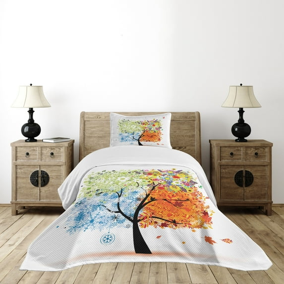 Ambesonne Tree Quilted Bedspread Set 2 Pcs, Flowers 4 Season Theme, Twin Size, Multicolor