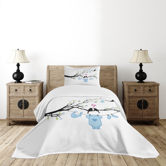 Ambesonne Tree Quilted Bedspread Set 2 Pcs, Love Bird Silhouettes Leafy, Twin Size, Lime Green Pale Blue