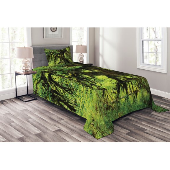 Ambesonne Tree Quilted Bedspread Set 2 Pcs, Moss Jungle Wildlife, Twin Size, Green Brown