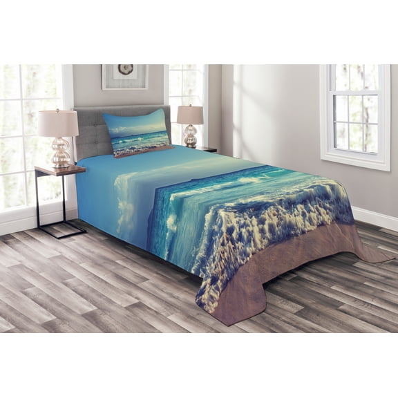 Ambesonne Tree Quilted Bedspread Set 2 Pcs, Ocean Seychelles, Twin Size, Turquoise Sky Blue Umber