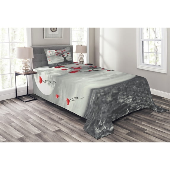 Ambesonne Tree Quilted Bedspread Set 2 Pcs, Romantic Full Moon Night, Twin Size, Grey Vermilion and White
