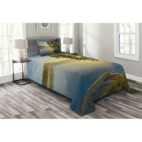 Ambesonne Tree Quilted Bedspread Set 2 Pcs, Sunny Misty Lake Summer, Twin Size, Fern Green Pale Blue