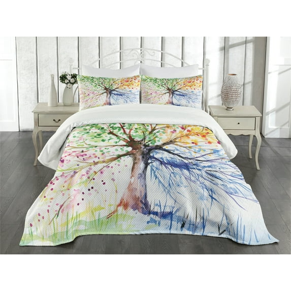 Ambesonne Tree Quilted Bedspread Set 3 Pcs, 4 Seasons Colorful, King Size, Multicolor