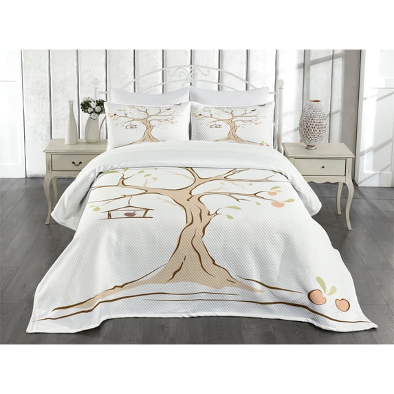 Ambesonne Tree Quilted Bedspread Set 3 Pcs, Apple Flying Birds Art, King Size, Multicolor