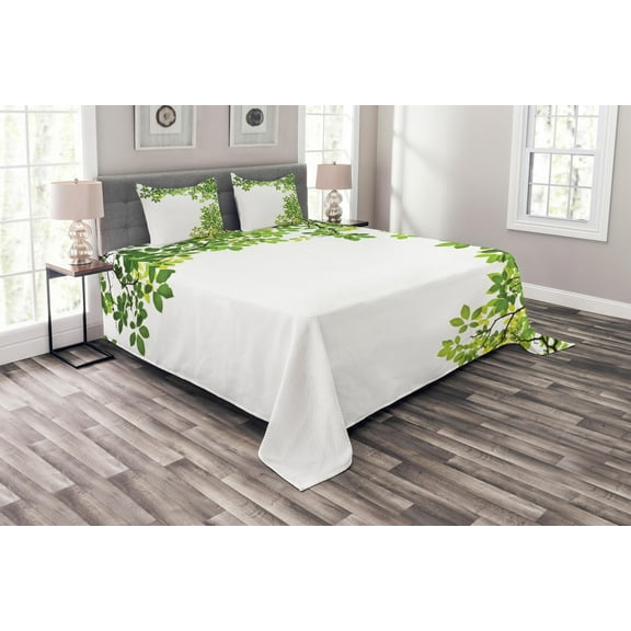 Ambesonne Tree Quilted Bedspread Set 3 Pcs, Branch with Leaves Nature Art, Queen Size, White and Green