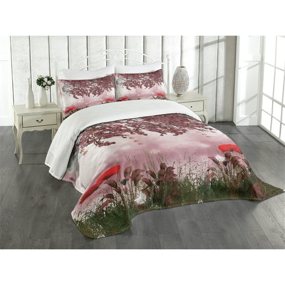 Ambesonne Tree Quilted Bedspread Set 3 Pcs, Dream Garden with Poppies, King Size, Mauve Red