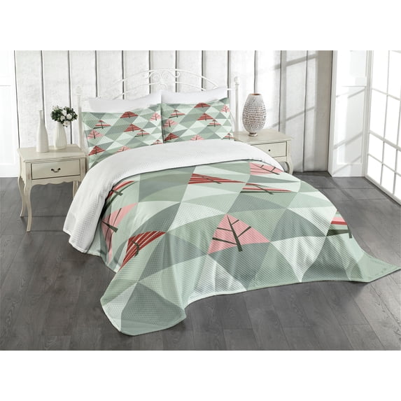 Ambesonne Tree Quilted Bedspread Set 3 Pcs, Illustration of Triangles, King Size, Coral and Reseda Green