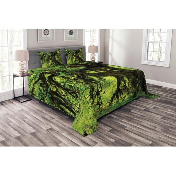 Ambesonne Tree Quilted Bedspread Set 3 Pcs, Moss Jungle Wildlife, King Size, Green Brown