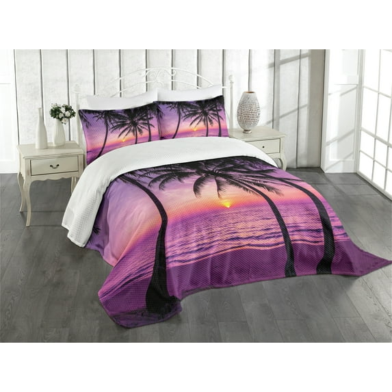 Ambesonne Tree Quilted Bedspread Set 3 Pcs, Palms Silhouette Purple, Queen Size, Purple Black
