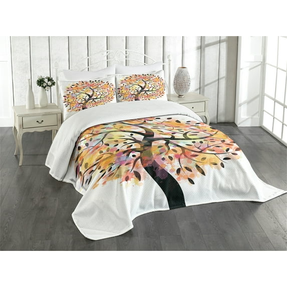 Ambesonne Tree Quilted Bedspread Set 3 Pcs, Spring Season Tree Leaves, Queen Size, Multicolor