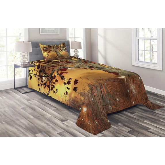 Ambesonne Tree Quilted Coverlet 2 Pcs, Earthy Color Tones Composition, Twin Size, Amber Fawn Burgundy
