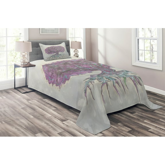 Ambesonne Tree Quilted Coverlet 2 Pcs, Watercolor Bohemian, Twin Size, Grey Purple