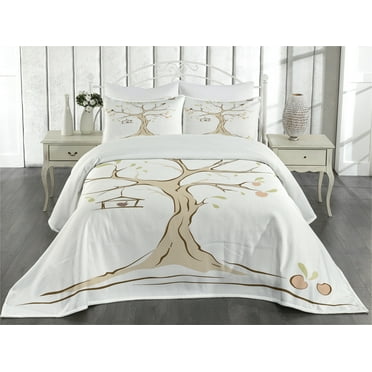 Ambesonne Tree Quilted Coverlet 3 Pcs, Apple Flying Birds Art, King Size, Multicolor