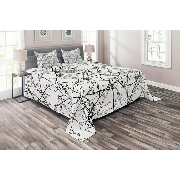 Ambesonne Tree Quilted Coverlet 3 Pcs, Branches with Leaves Buds, King Size, Black White