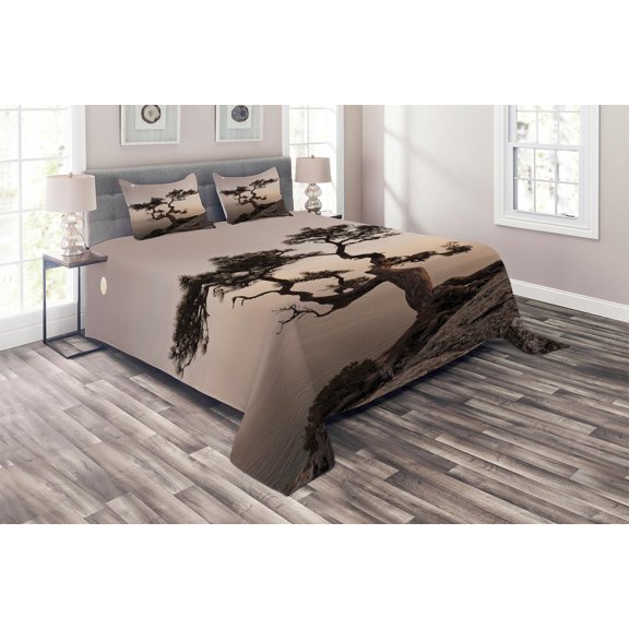 Ambesonne Tree Quilted Coverlet 3 Pcs, Lonely Juniper Tree Fall, King Size, Brown Grey