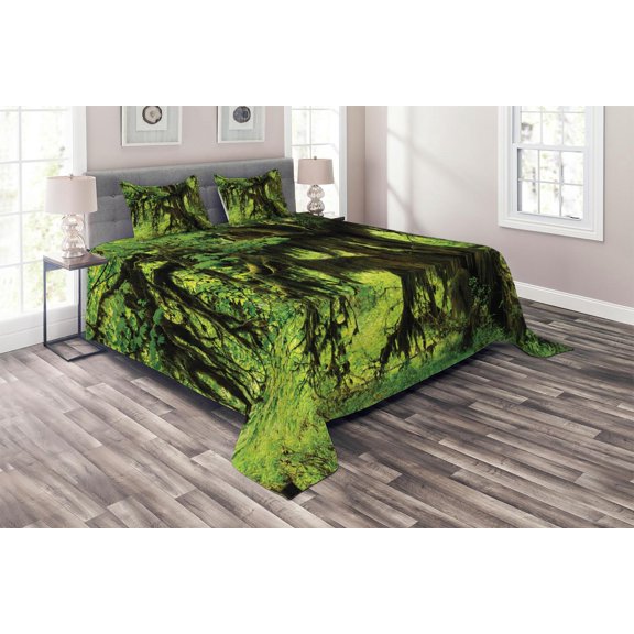Ambesonne Tree Quilted Coverlet 3 Pcs, Moss Jungle Wildlife, Queen Size, Green Brown