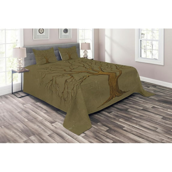 Ambesonne Tree Quilted Coverlet 3 Pcs, Old Paper Effect Vintage, King Size, Olive Green