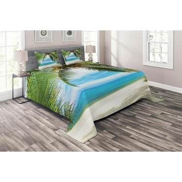 Ambesonne Tree Quilted Coverlet 3 Pcs, Shadow Shade of Palms, King Size, Pale Green Pale Blue