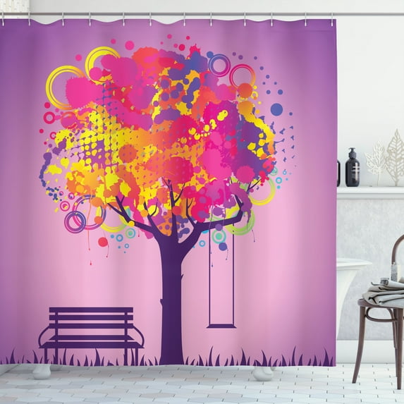 Ambesonne Tree Shower Curtain, Colorful Leaves Swing Art, 69"Wx84"L, Multicolor