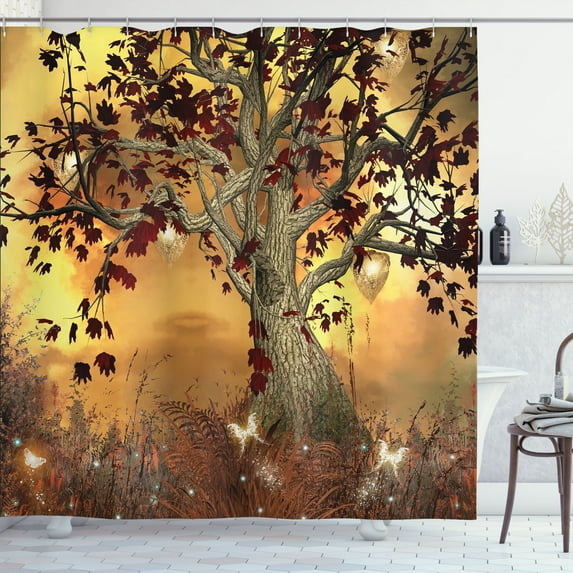 Ambesonne Tree Shower Curtain, Earthy Color Tones Composition, 69"Wx75"L, Amber Fawn Burgundy