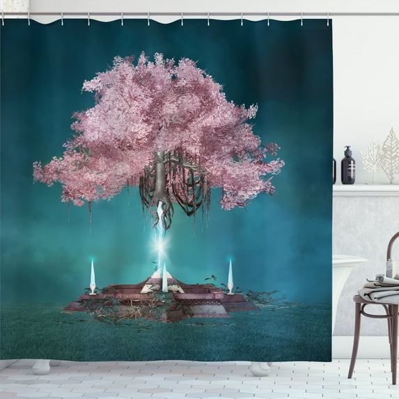 Ambesonne Tree Shower Curtain, Pink Blossom Art, 69"Wx75"L, Lilac Petrol Blue