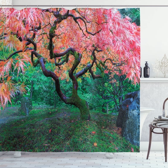Ambesonne Tree Shower Curtain, Red Leaf Maple in Garden, 69"Wx75"L, Green