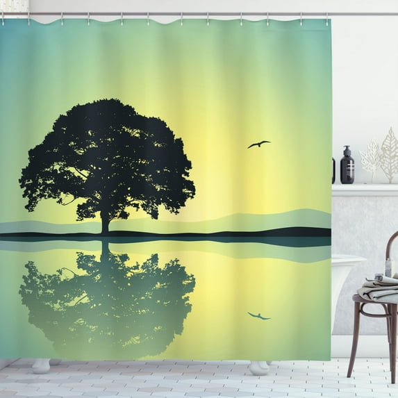 Ambesonne Tree Shower Curtain, Reflections on Water Sun, 69"Wx70"L, Yellow Green