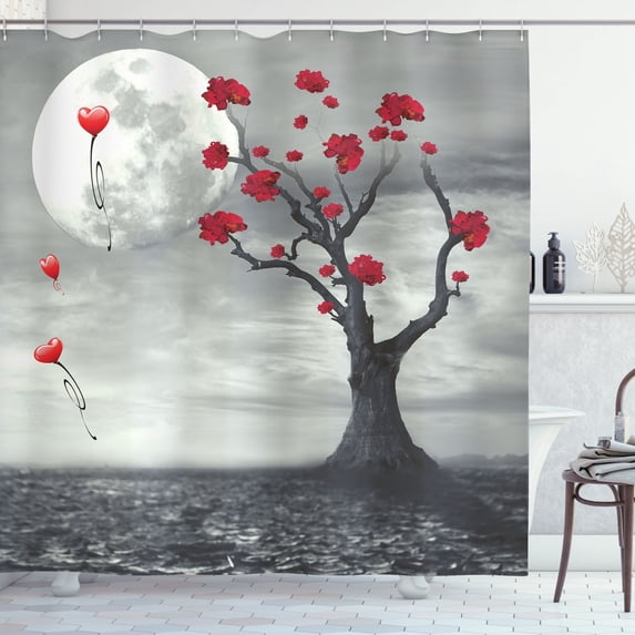 Ambesonne Tree Shower Curtain, Romantic Full Moon Night, 69"Wx70"L, Grey Vermilion and White