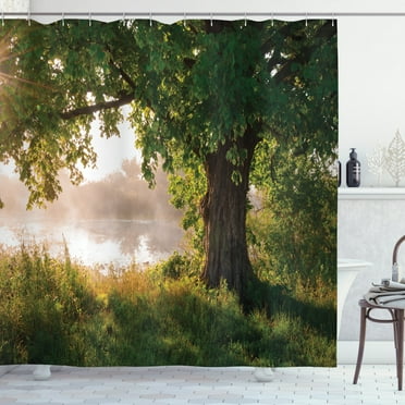 Ambesonne Tree Shower Curtain, Stream Foggy Scene, 69"Wx70"L, Brown Green Dust