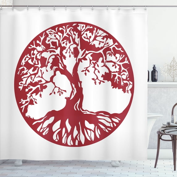 Ambesonne Tree Shower Curtain, Traditional Oak Silhouette, 69"Wx75"L, Ruby and White