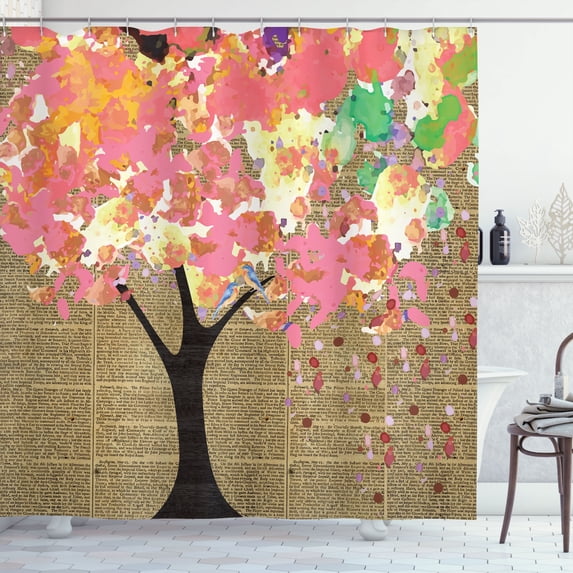 Ambesonne Tree Shower Curtain, Watercolor on Retro Newspaper, 69"Wx84"L, Multicolor