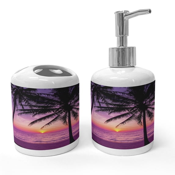 Ambesonne Tree Soap Dispenser & Toothbrush Holder Set, Palms Silhouette Purple, 2 Pcs, Purple Black