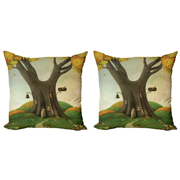 Ambesonne Tree Throw Pillow Cover 2 Pack, Cosy Tree Tunk Autumn, 18", Sepia and Lime Green